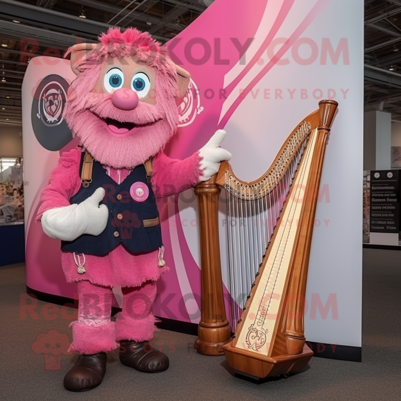 Pink Celtic Harp mascot costume character dressed with a Dungarees and Watches Pink Celtic Harp mascot costume character dressed with a Dungarees and Watches
