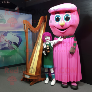Pink Celtic Harp mascot costume character dressed with a Dungarees and Watches