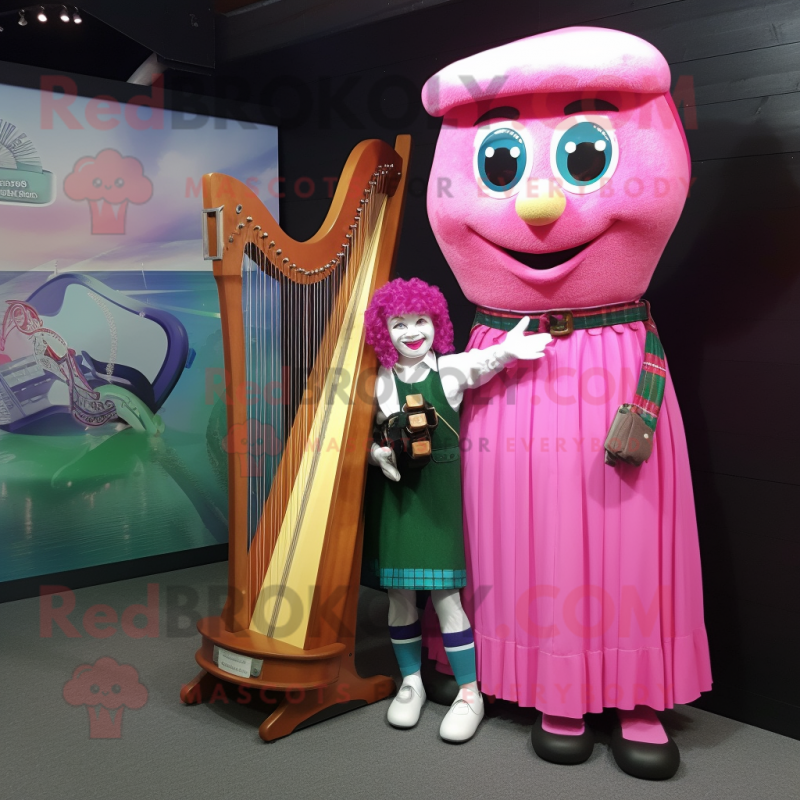 Pink Celtic Harp mascot costume character dressed with a Dungarees and Watches Pink Celtic Harp mascot costume character dressed with a Dungarees and Watches