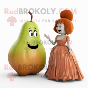 Rust Pear mascot costume character dressed with a Ball Gown and Watches