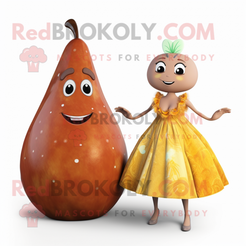 Rust Pear mascot costume character dressed with a Ball Gown and Watches