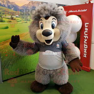 Gray Marmot mascot costume character dressed with a Rugby Shirt and Hair clips
