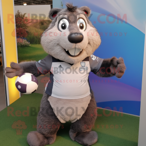 Gray Marmot mascot costume character dressed with a Rugby Shirt and Hair clips