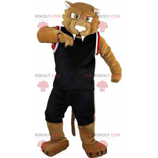 Beige sabeltandet tigermascot i sportstøj - Redbrokoly.com