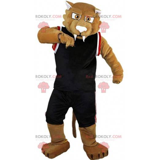 Mascote tigre dente de sabre bege em roupas esportivas -