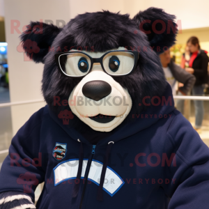 Navy Spectacled Bear mascot costume character dressed with a Sweatshirt and Eyeglasses