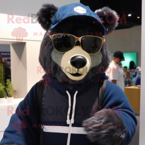 Navy Spectacled Bear mascot costume character dressed with a Sweatshirt and Eyeglasses