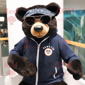 Navy Spectacled Bear mascot costume character dressed with a Sweatshirt and Eyeglasses