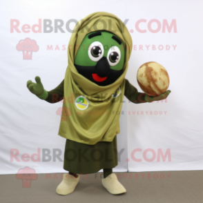 Olive Meatballs mascot costume character dressed with a Polo Tee and Shawl pins