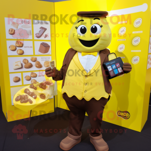 Lemon Yellow Chocolate Bar mascot costume character dressed with a Button-Up Shirt and Wallets