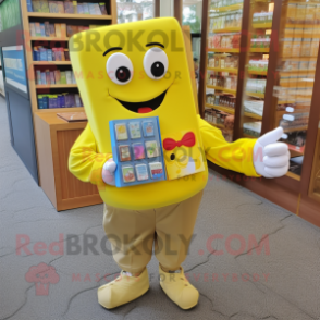 Lemon Yellow Chocolate Bar mascot costume character dressed with a Button-Up Shirt and Wallets