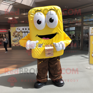 Lemon Yellow Chocolate Bar mascot costume character dressed with a Button-Up Shirt and Wallets