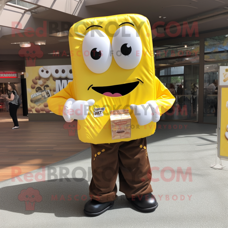 Lemon Yellow Chocolate Bar mascot costume character dressed with a Button-Up Shirt and Wallets