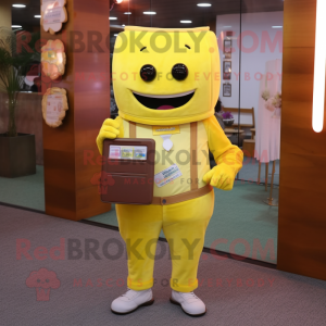 Lemon Yellow Chocolate Bar mascot costume character dressed with a Button-Up Shirt and Wallets