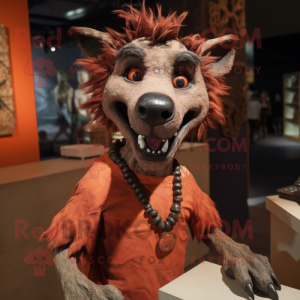 Rust Hyena mascot costume character dressed with a Poplin Shirt and Necklaces