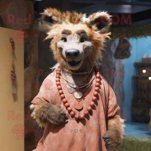Rust Hyena mascot costume character dressed with a Poplin Shirt and Necklaces