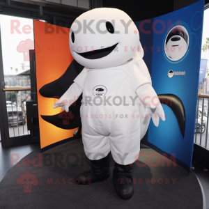 Black Beluga Whale mascot costume character dressed with a Mini Skirt and Foot pads