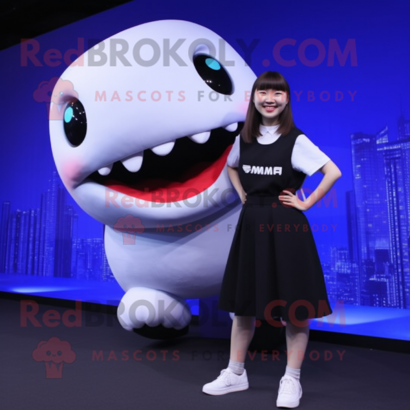 Black Beluga Whale mascot costume character dressed with a Mini Skirt and Foot pads Black Beluga Whale mascot costume character dressed with a Mini Skirt and Foot pads