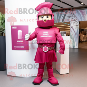 Magenta Roman Soldier mascot costume character dressed with a Bootcut Jeans and Lapel pins