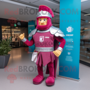 Magenta Roman Soldier mascot costume character dressed with a Bootcut Jeans and Lapel pins