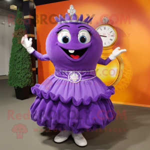 Purple Wrist Watch mascot costume character dressed with a Ball Gown and Wraps