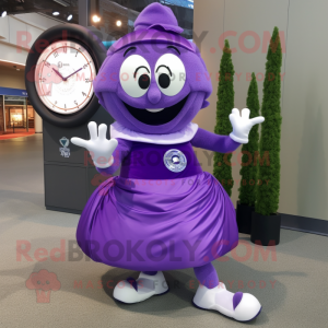 Purple Wrist Watch mascot costume character dressed with a Ball Gown and Wraps