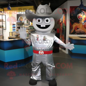 Silver Fajitas mascot costume character dressed with a Overalls and Cufflinks