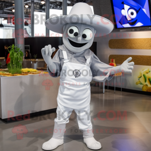 Silver Fajitas mascot costume character dressed with a Overalls and Cufflinks