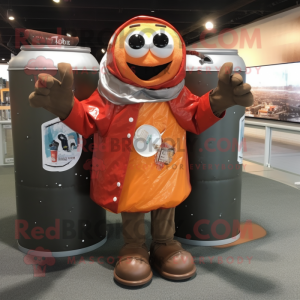 Rust Soda Can mascot costume character dressed with a Jacket and Handbags