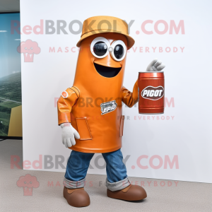 Rust Soda Can mascot costume character dressed with a Jacket and Handbags