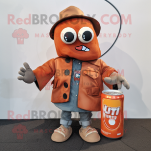 Rust Soda Can mascot costume character dressed with a Jacket and Handbags