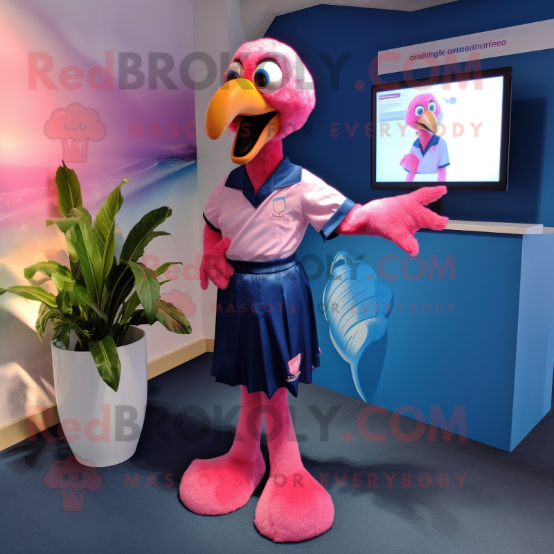 Navy Flamingo mascot costume character dressed with a Playsuit and Hair clips Navy Flamingo mascot costume character dressed with a Playsuit and Hair clips