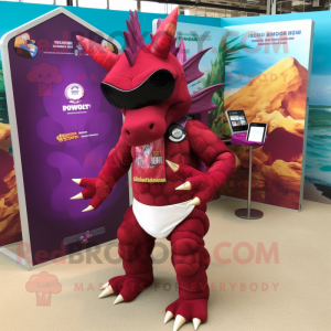 Maroon Triceratops mascot costume character dressed with a Swimwear and Lapel pins