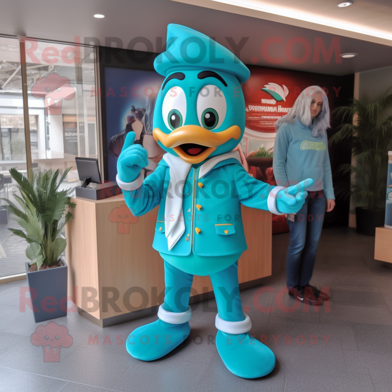 Teal Goulash mascot costume character dressed with a Jacket and Smartwatches