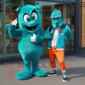 Teal Goulash mascot costume character dressed with a Jacket and Smartwatches