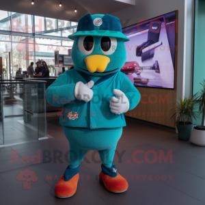 Teal Goulash mascot costume character dressed with a Jacket and Smartwatches