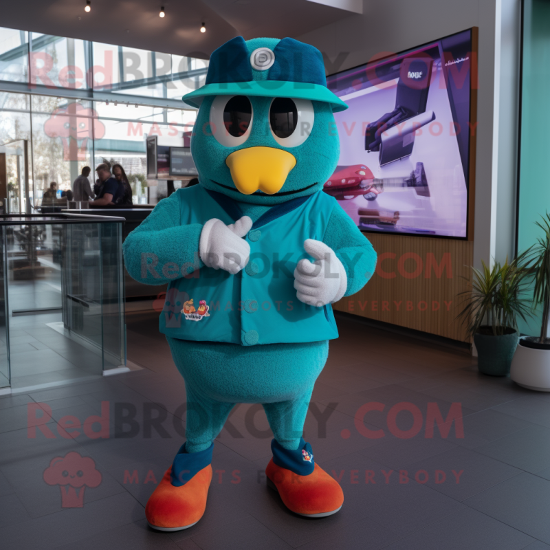 Teal Goulash mascot costume character dressed with a Jacket and Smartwatches Teal Goulash mascot costume character dressed with a Jacket and Smartwatches