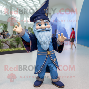 Navy Wizard mascot costume character dressed with a Denim Shirt and Anklets