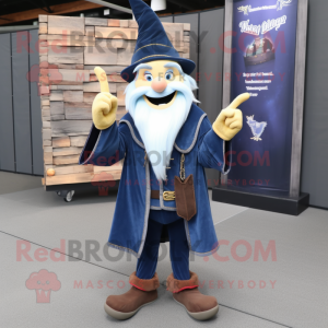 Navy Wizard mascot costume character dressed with a Denim Shirt and Anklets