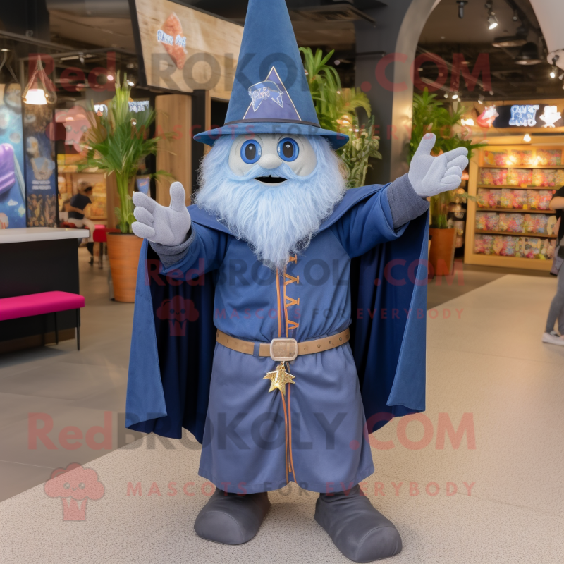 Navy Wizard mascot costume character dressed with a Denim Shirt and Anklets