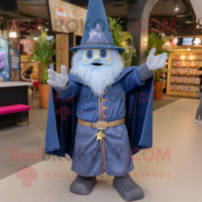 Navy Wizard mascot costume character dressed with a Denim Shirt and Anklets