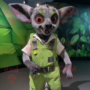 Forest Green Fruit Bat mascot costume character dressed with a Overalls and Belts