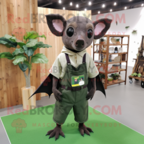 Forest Green Fruit Bat mascot costume character dressed with a Overalls and Belts