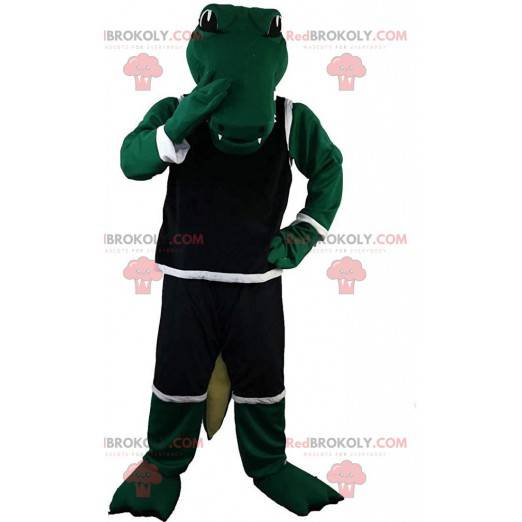 Mascotte coccodrillo verde in abbigliamento sportivo, costume