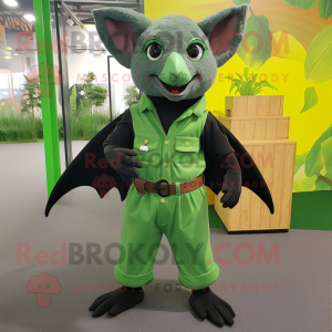 Forest Green Fruit Bat mascot costume character dressed with a Overalls and Belts