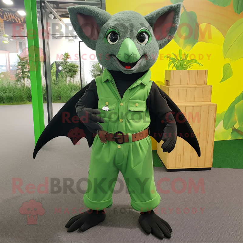 Forest Green Fruit Bat mascot costume character dressed with a Overalls and Belts