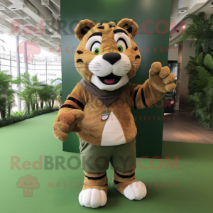 Olive Tiger mascot costume character dressed with a Polo Shirt and Belts