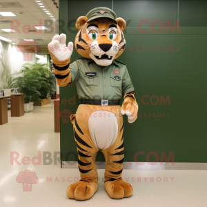 Olive Tiger mascot costume character dressed with a Polo Shirt and Belts