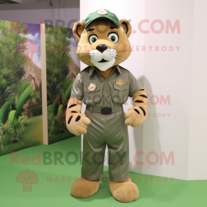 Olive Tiger mascot costume character dressed with a Polo Shirt and Belts