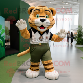 Olive Tiger mascot costume character dressed with a Polo Shirt and Belts